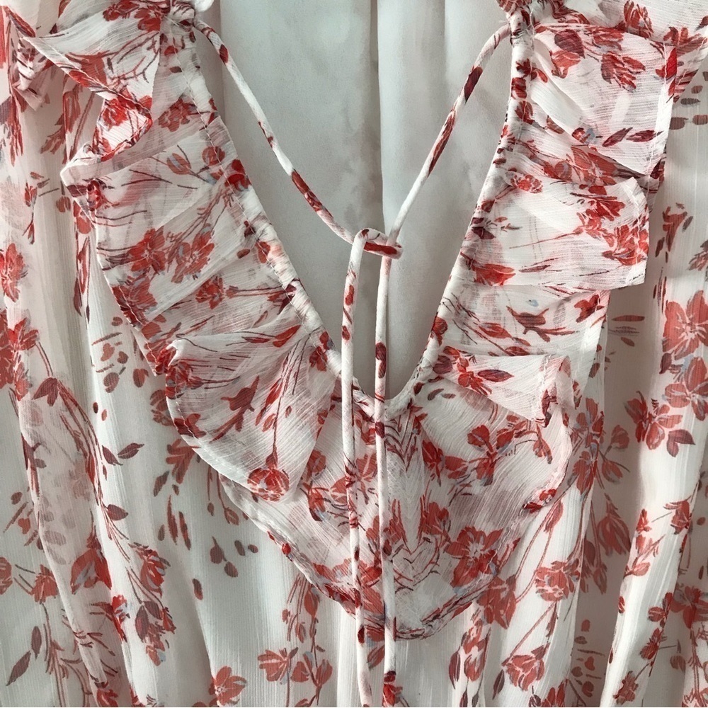 CeCe Floral Chiffon Tie Neck Ruffle Dress 12 Sheer Sleeve Wedding Guest - Picture 4 of 17